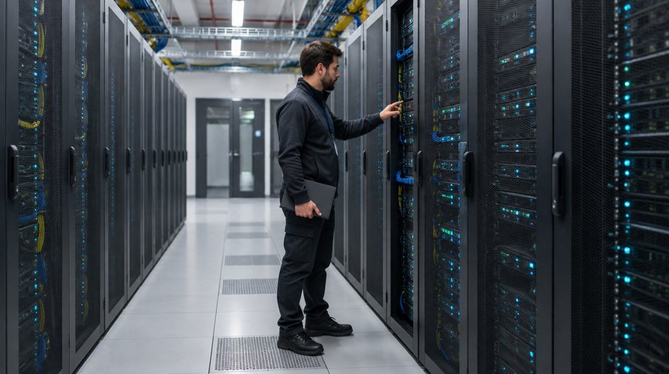 Illustrative engineer checking server infrastructure