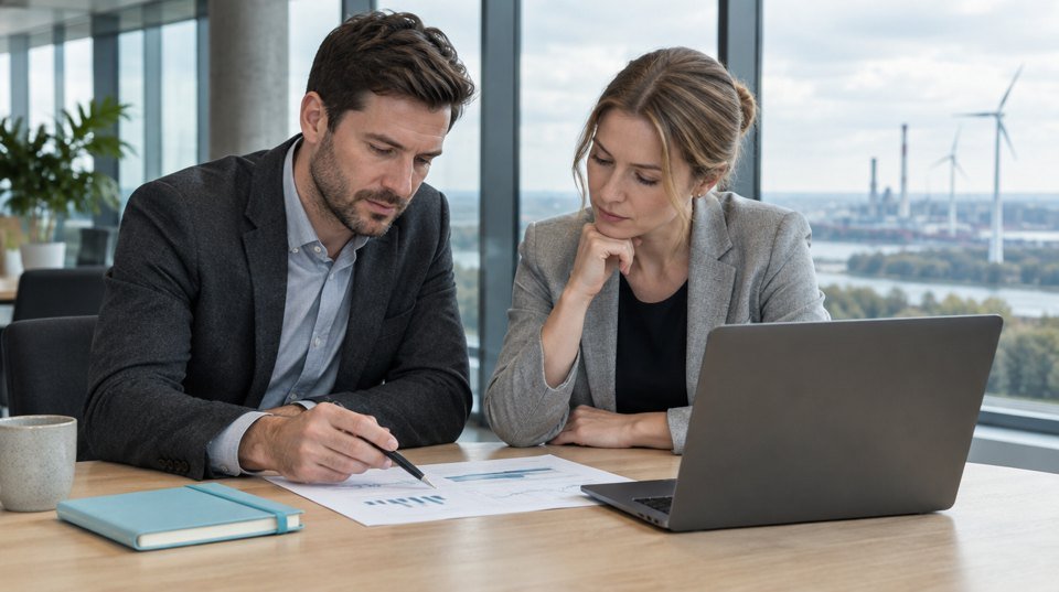 Illustrative finance colleagues reviewing a plan