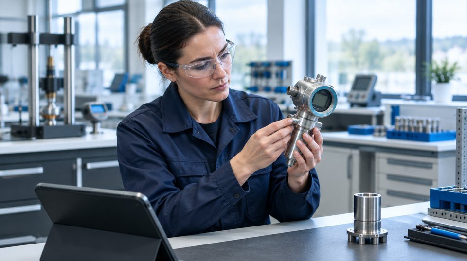 Illustrative technician inspecting a measurement instrument