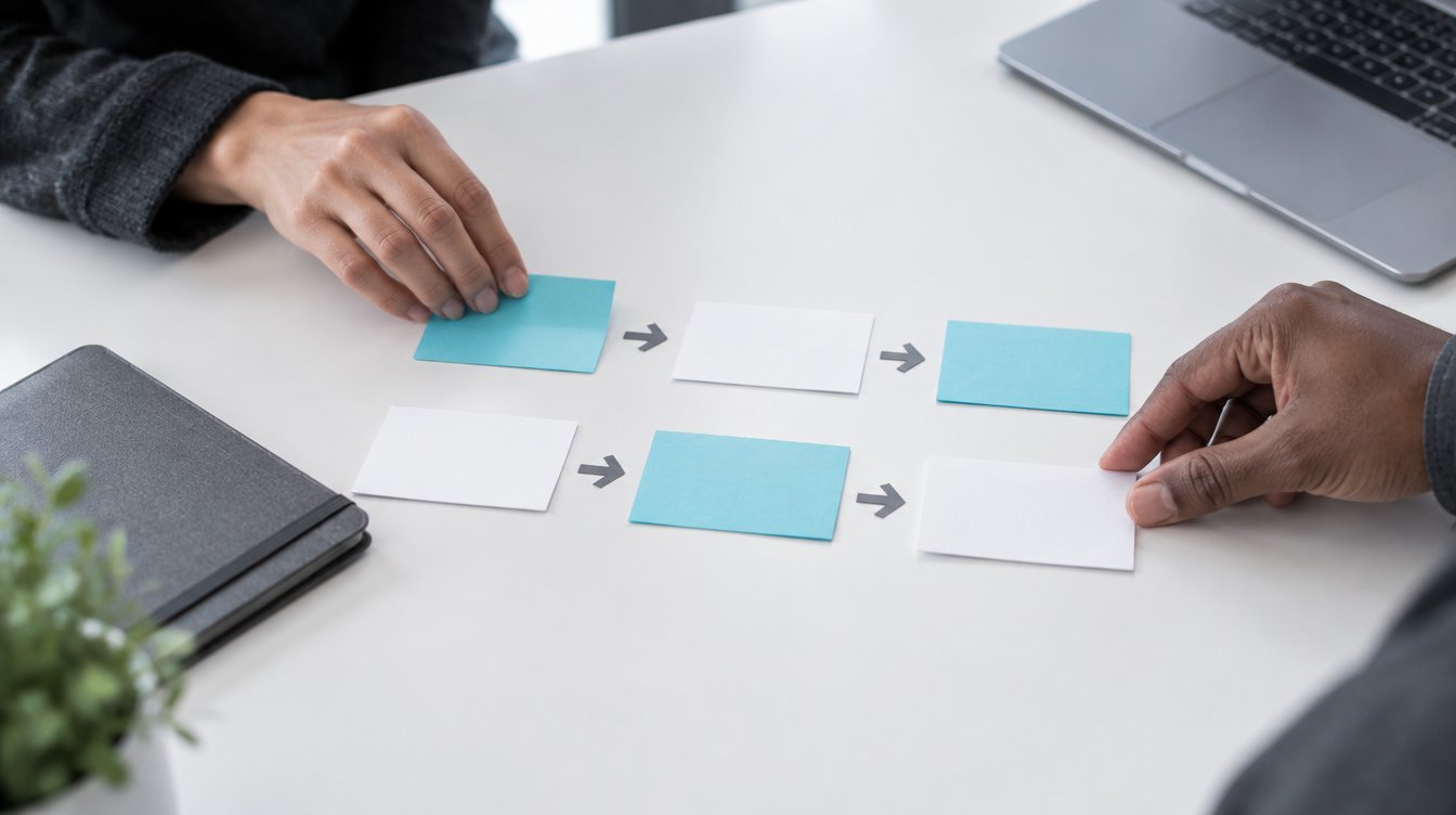 Illustration of hands arranging a process map with white and cyan cards
