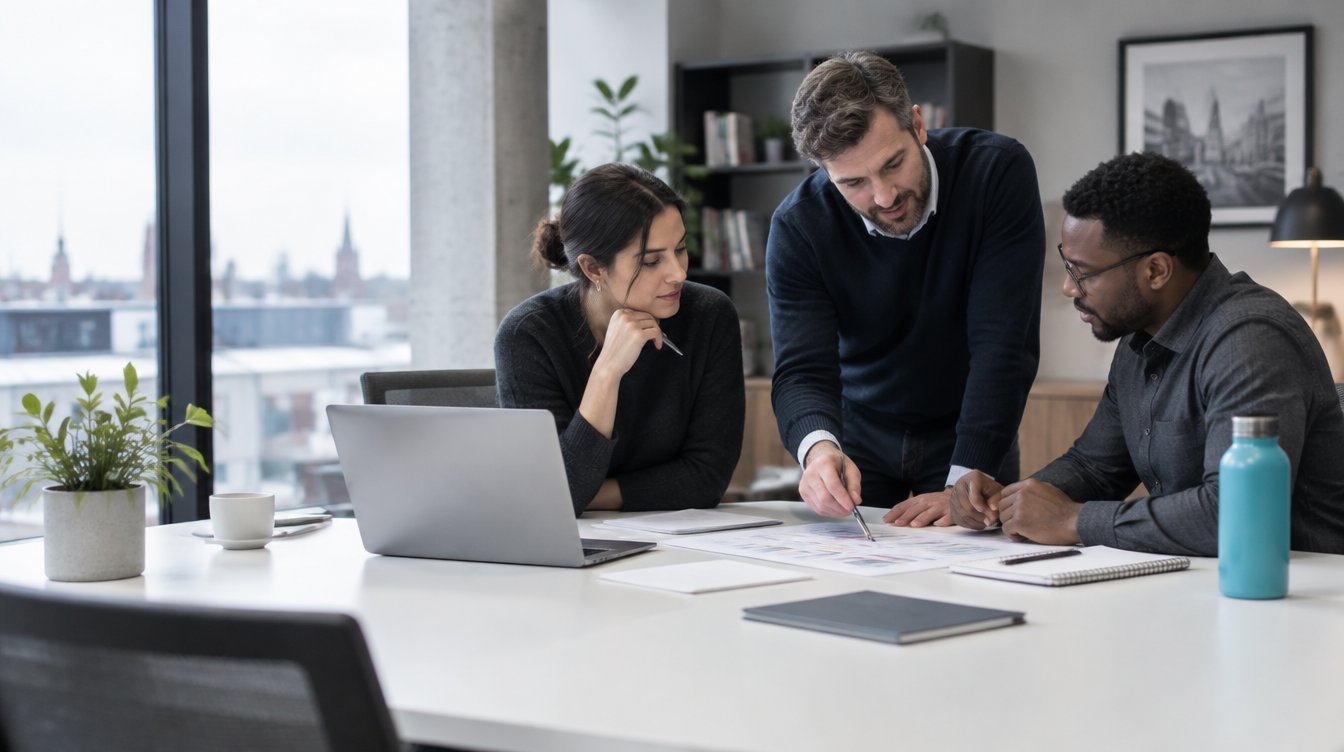 Illustration of three colleagues reviewing a work plan together