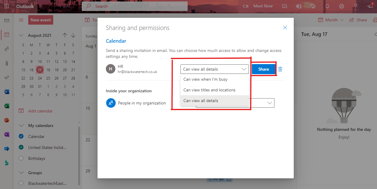 Shared calendar options in Office 365 Outlook